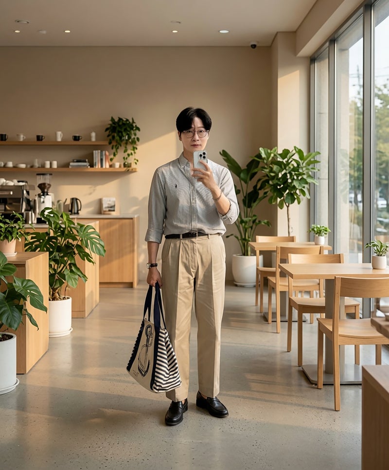 [Daily Look] 찜통더위도 이기는 클래식, 폴로 시어서커 셔츠 & 해지스 투플리츠 치노 코디