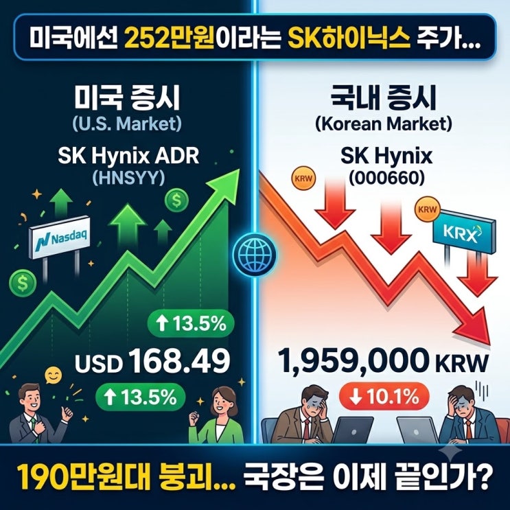 <b>미국</b>에선 252만원이라는 SK<b>하이닉스 주가</b> 190만원대 붕괴... 국장은 이....