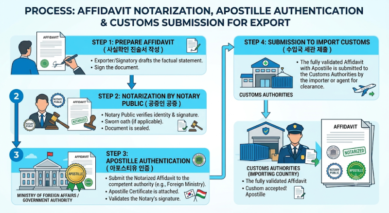 사실확인 진술서인 Affidavit(애피데이빗)을 공증을 거쳐 Apostille(아포스티유) 인증을 받아 수출....