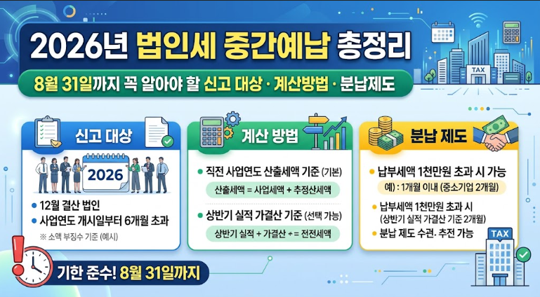 2026년 법인세 중간예납 총정리｜8월 31일까지 꼭 알아야 할 신고 대상·계산방법·분납제도