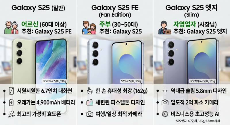 갤럭시 S25 vs S25 FE vs S25 엣지 스펙 비교 / 지원금 대란 속 부모님, 주부, 사장님 추천 모델은? (....