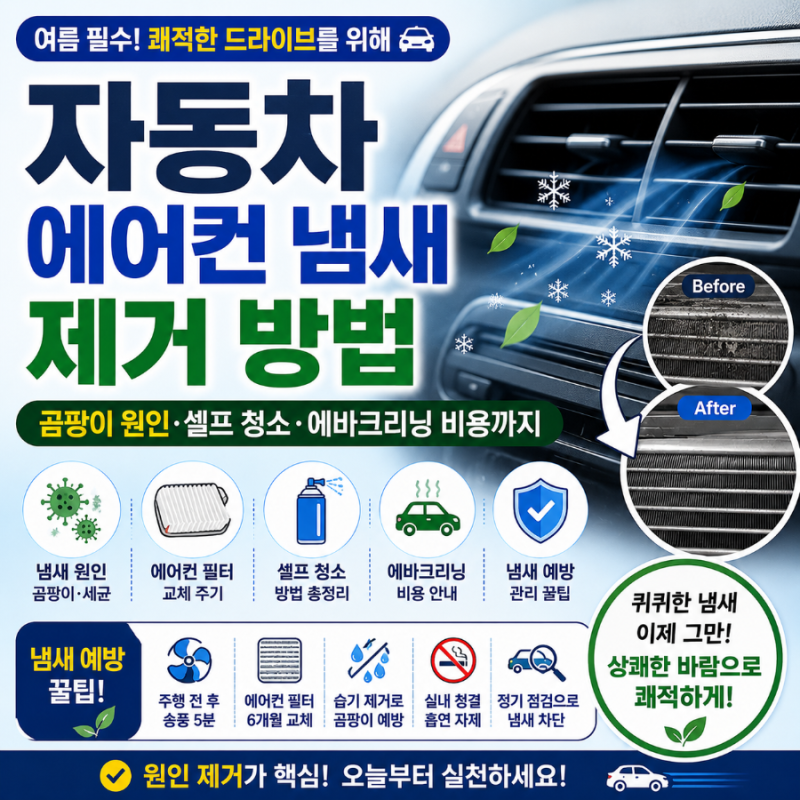 자동차 에어컨 냄새 제거 방법｜곰팡이 원인·셀프 청소·에바크리닝 비용까지 총정리