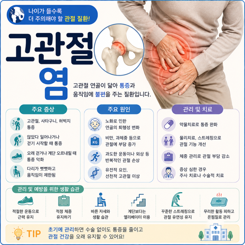 고관절 통증 원인은? 고관절염 증상 치료방법 관리방법
