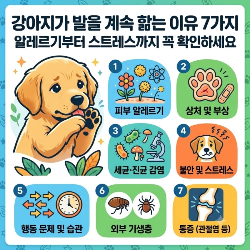 강아지가 발을 계속 핥는 이유 7가지｜알레르기부터 스트레스까지 꼭 확인하세요