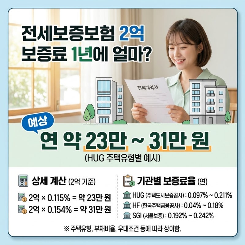 전세보증보험 2억 전세 가입하면 보증료 1년에 얼마 나올까