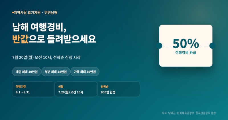 반반남해 신청 꿀팁 – 남해 여행비 반값 돌려받아요 (7/20 놓치면 손해)