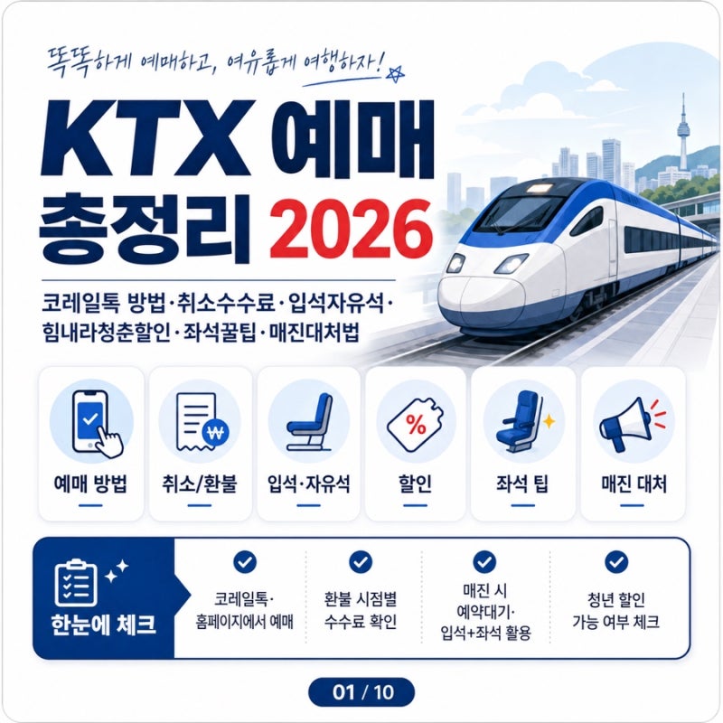 KTX 예매 총정리 2026 | 코레일톡 방법·취소수수료·입석자유석·힘내라청춘할인·좌석꿀팁·매....