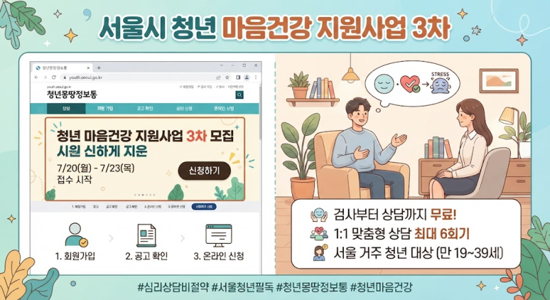 심리상담비 아끼는 법 — 서울시 청년 마음건강 지원사업 3차, 7/20 접수 시작