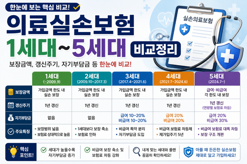 의료실손보험 1세대~5세대 비교정리(보장금액, 갱신주기, 자기부담금 등)