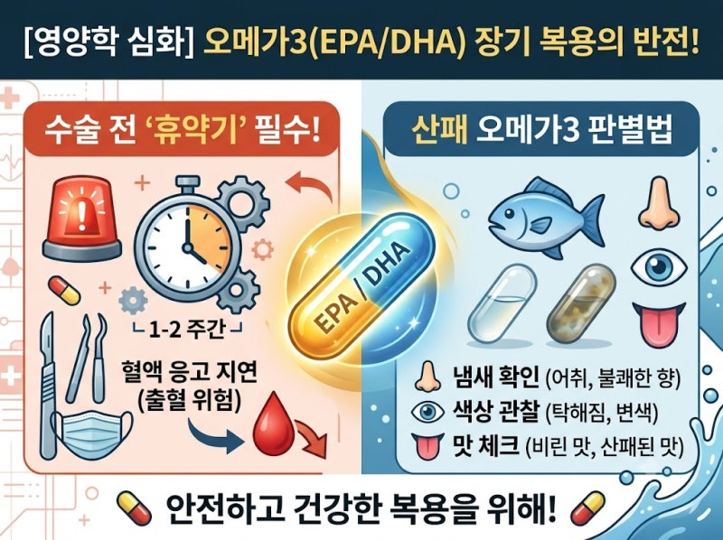[영양학 심화] 전 국민 필수품 오메가3(EPA/DHA) 장기 복용의 반전! 수술·시술 전 휴약기가 필요....