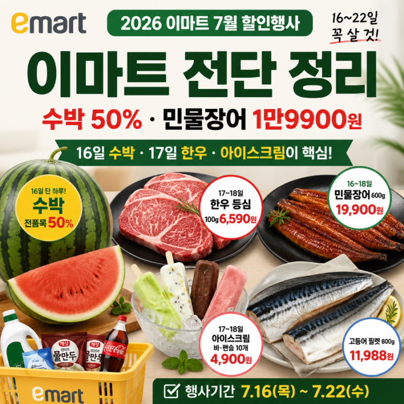 2026 이마트 7월 할인행사 전단 정리 수박 50% 민물장어 1만9900원 16~22일 꼭 살 것
