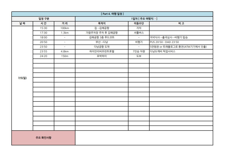 부모님모시고 3박5일 가족여행/다낭 자유여행 코스/여행일정표 엑셀양식 공유