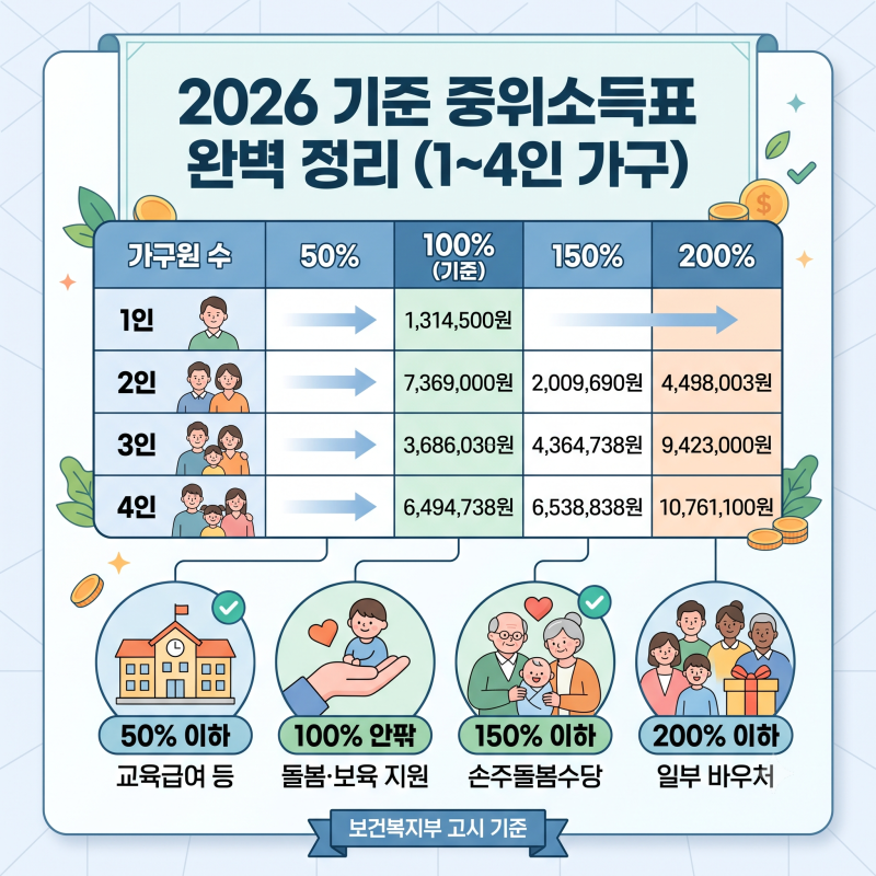 2026 기준 중위소득 50/100/150/200% 얼마? 가구원 수별 금액 정리