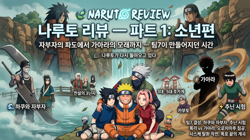 NARUTO REVIEW / 나루토 리뷰 — 파트 1: 소년편자부자의 파도에서 가아라의 모래까지 — 팀7이 만....