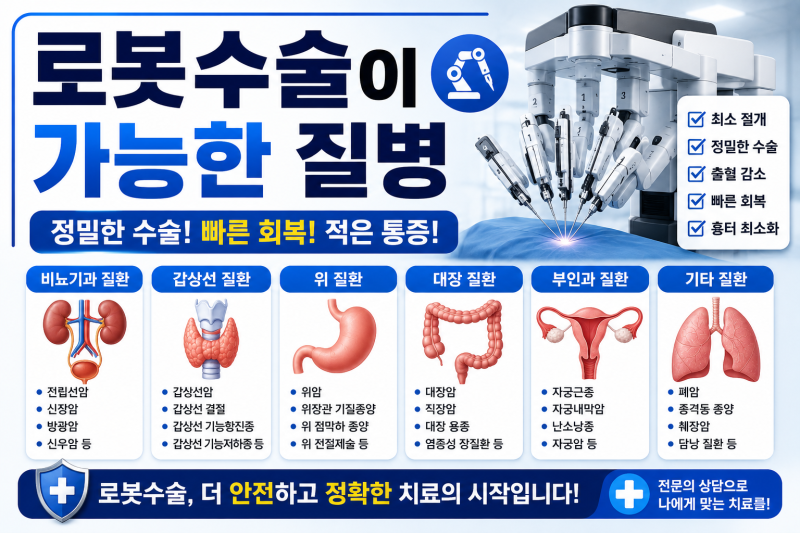 로봇수술이 가능한 모든 질병(비뇨기,갑상선,위, 대장 등)