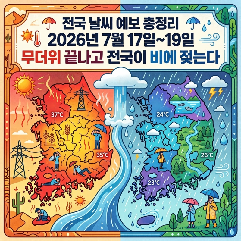 전국 날씨 예보 총정리 | 2026년 7월 17일~19일, 무더위 끝나고 전국이 비에 젖는다
