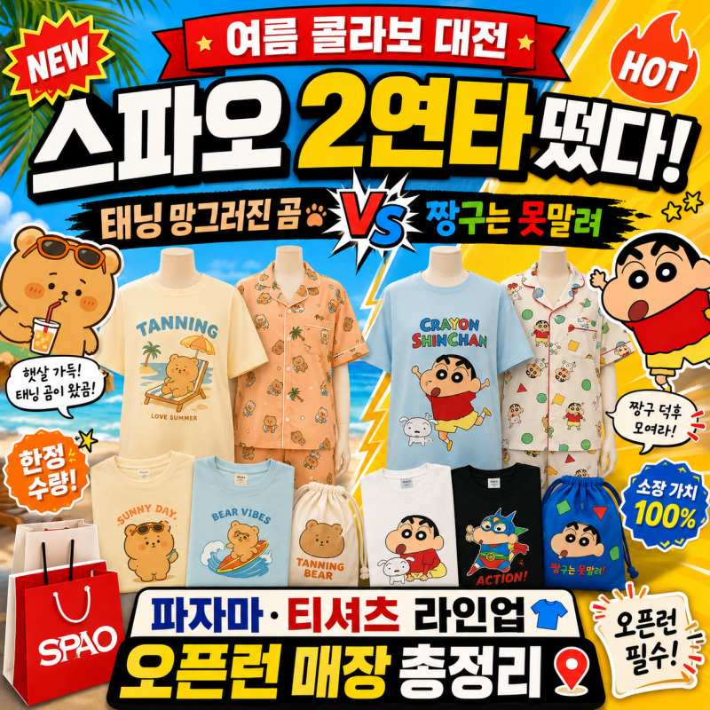 스파오 역대급 여름 콜라보 2연타! 태닝 망그러진 곰 vs 짱구는 못말려 파자마·티셔츠 라인업....