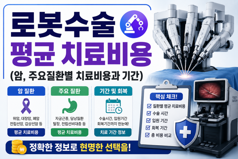 로봇수술 평균치료비용(암, 주요질환별 치료비용과 기간)