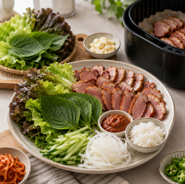 불 없이 완성하는 바삭함... 시판 훈제오리와 에어프라이어로 만드는 7월 쌈밥