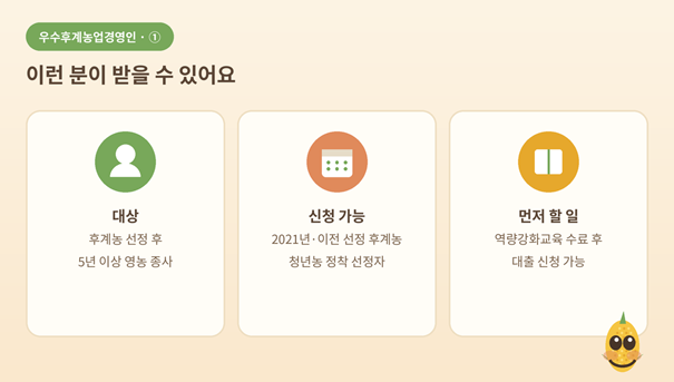 우수후계농업경영인 — 성장하는 후계농에 최대 2억 원 저리 지원