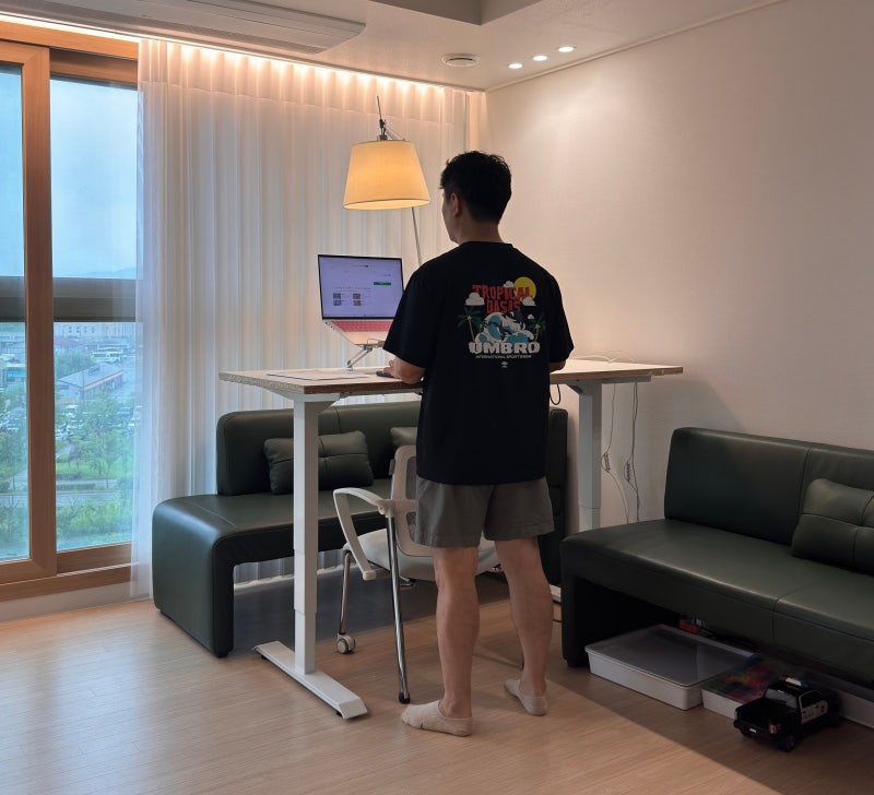 높이조절책상으로 만든 거실서재화, 모션데스크 1년사용 후기