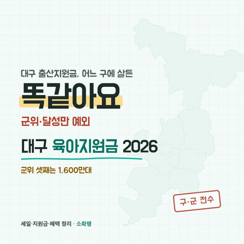 2026 대구 출산지원금, 어느 구에 살든 똑같고 군위·달성만 달라요 (군위 셋째 1,600만대)