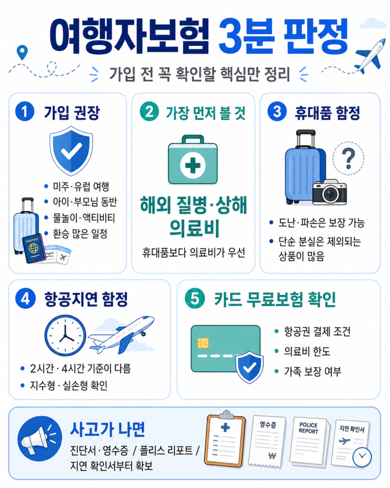 여행자보험 — 꼭 들어야 하나요? 3분 판정 + 도난·지연 보장의 함정 (2026)