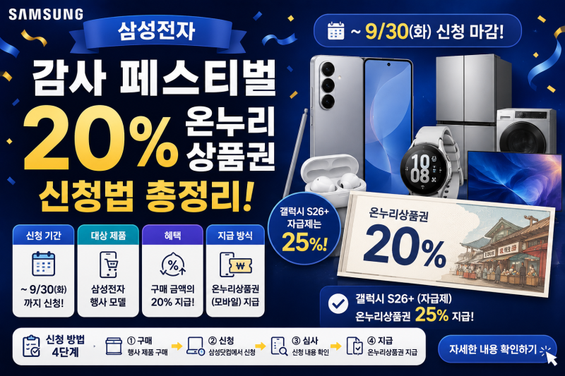 삼성전자 감사 페스티벌 20% 온누리상품권 신청법 총정리 (~9/30 신청, 갤럭시 S26+ 자급제는 25%)