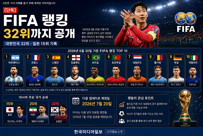 손흥민의 한국 32위, 일본과 17계단 차이…새 FIFA 랭킹은?(한국미디어일보 보도자료)