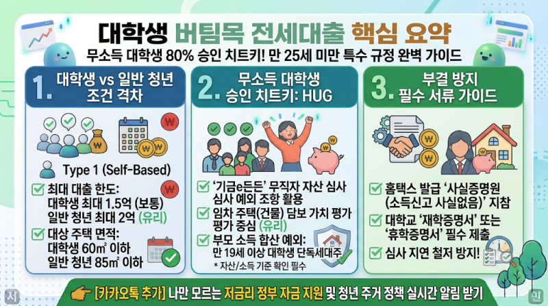 2026년 대학생 버팀목 전세대출 조건 비교 및 무소득자 부결 방지 HUG 신청 가이드