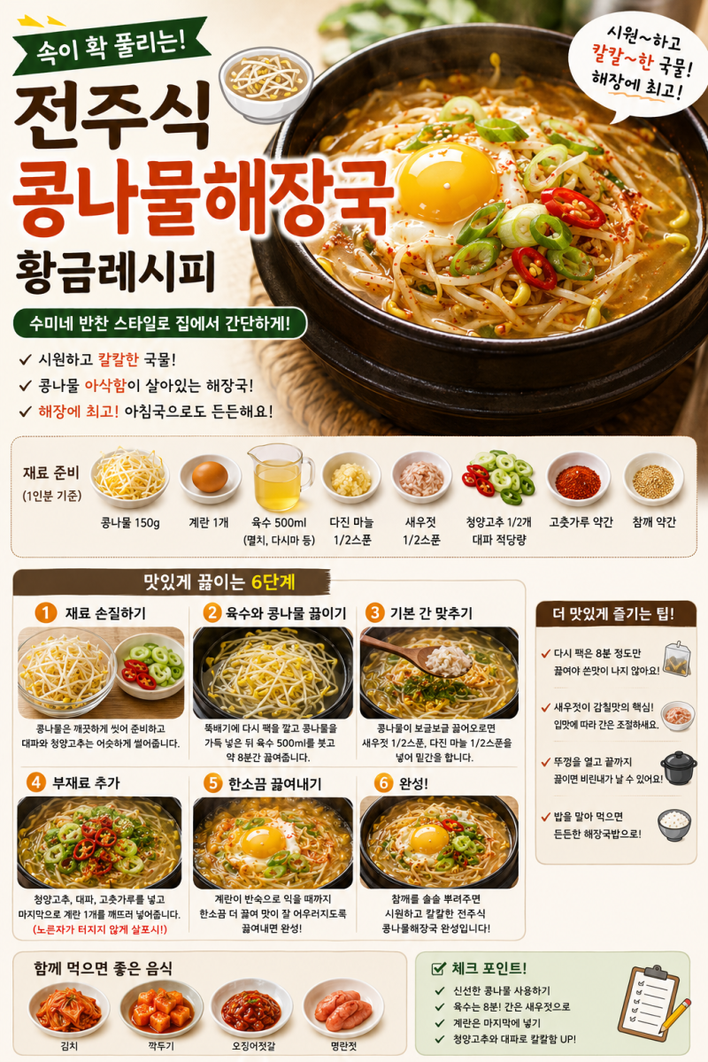 초간단 전주식 콩나물해장국 레시피, 속이 확 풀리는 집에서 끓이는 초간단 황금레시피