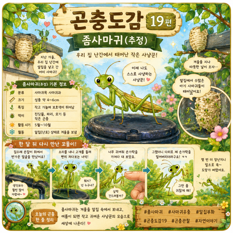 [곤충도감 #20] 우리 집 난간에서 태어난 작은 사냥꾼, 좀사마귀(추정)