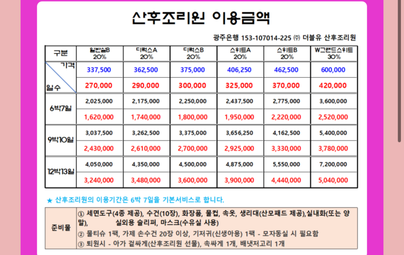 광주 W여성병원 산후조리원 예약 후기 및 가격
