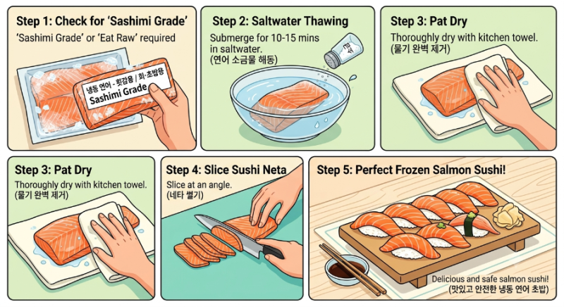 냉동 연어 초밥 만들기 비린내 없이 찰지게 냉동 연어 해동 하는 법
