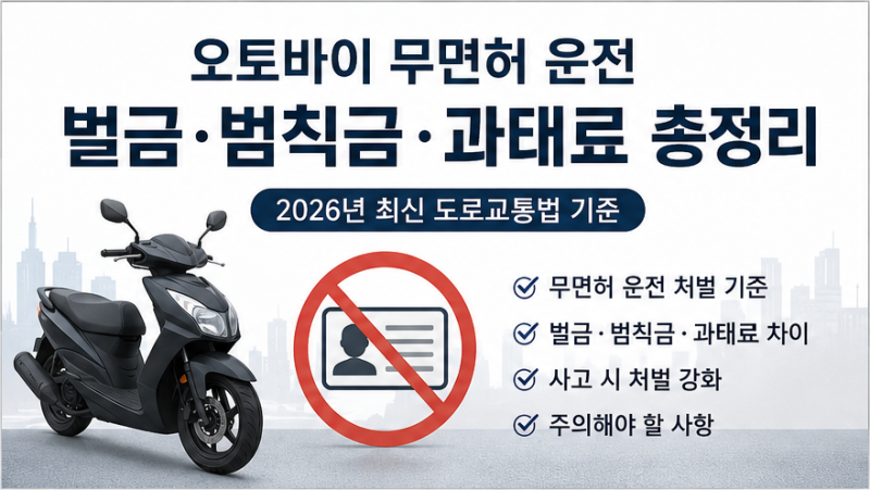 오토바이 무면허 운전 벌금·범칙금·과태료 총정리 (2026년 최신 도로교통법 기준)