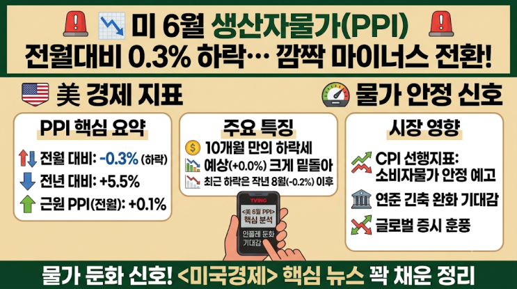 미 <b>6월 생산자물가</b>(PPI) 전월대비 0.3% 하락… 10개월 만에... 
