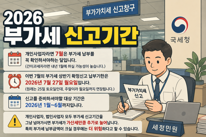 2026 부가세 신고기간 개인사업자 상반기 7월 27일까지 신고/납부로 정리안하면 가산세 나옵니....