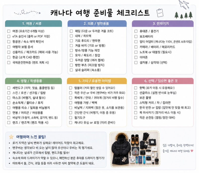 캐나다 여행 준비물 체크리스트｜캐나다 11박 13일 여행, 꼭 챙겨야 할 것들