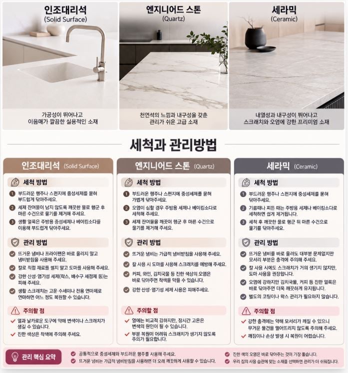 주방상판 - 인조대리석, 엔지니어드 스톤, 세라믹 관리방법 총정리 !