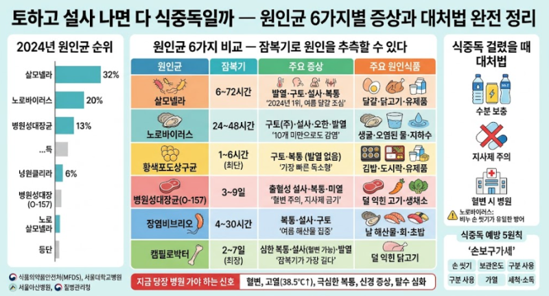 토하고 설사 나면 다 식중독일까 — 원인균 6가지별 증상과 대처법 완전 정리