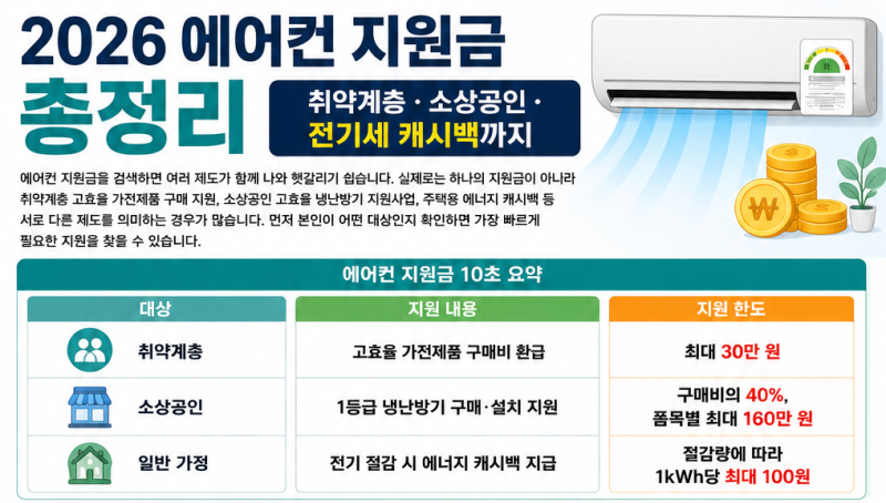 에어컨 지원금 총정리! 취약계층·소상공인·전기세 캐시백까지
