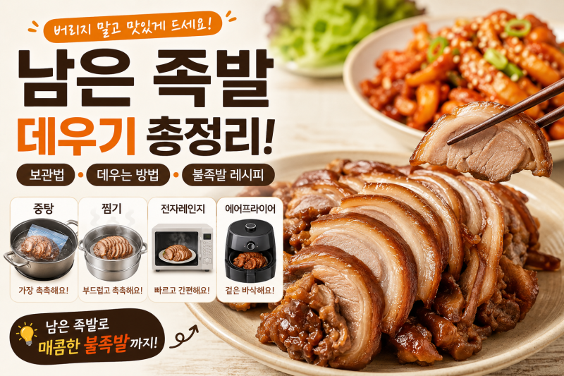 남은 족발 데우기 총정리! 전자레인지·에어프라이어·찜기 비교부터 보관법, 불족발 레시피....