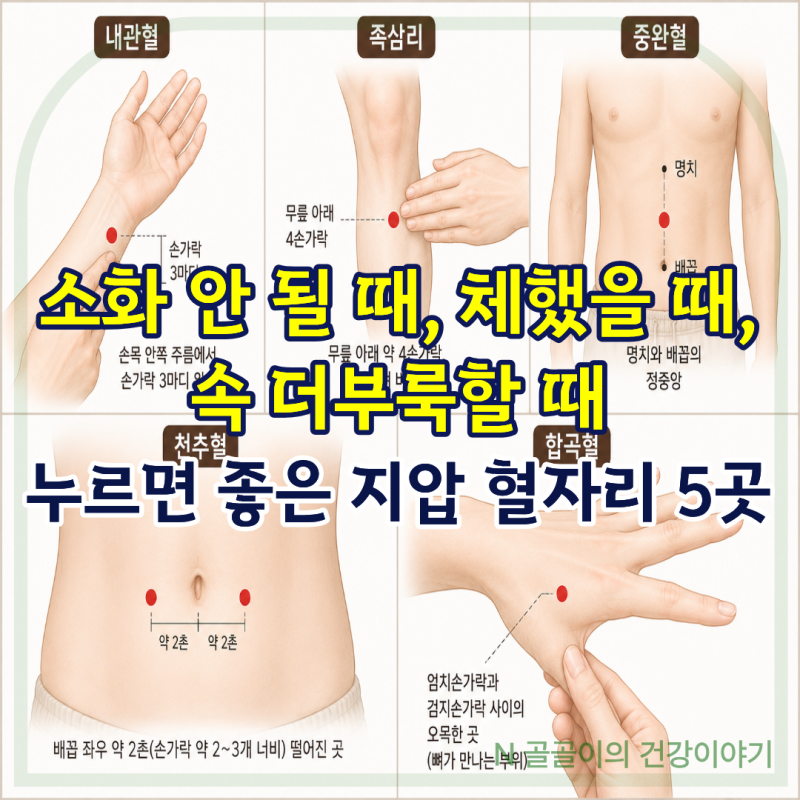 소화 안 될 때 지압, 속 더부룩할 때, 체했을 때 누르면 좋은 혈자리 5곳