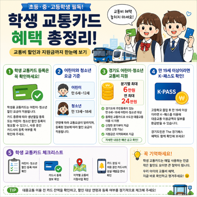 학생 교통카드 혜택 총정리! 초등·중·고등학생 교통비 할인과 지원금 한눈에 보기