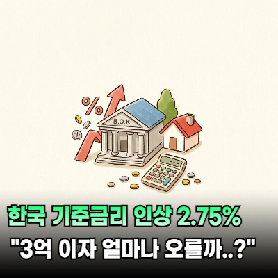 한국 기준금리 인상 2.75% "내 대출이자 3억이면 얼마나 오를까..?"