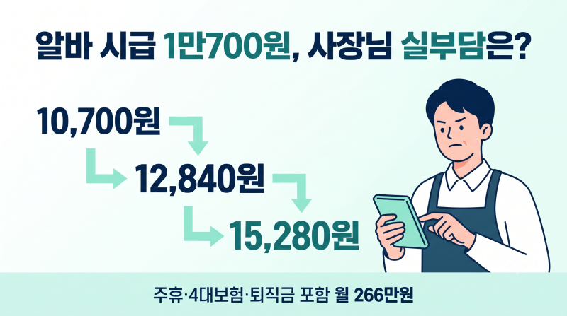 2027 최저임금 1만700원, 알바 실부담 진짜 얼마? | 주휴 더하면 시급 1만2840원, 4대보험·퇴직금....