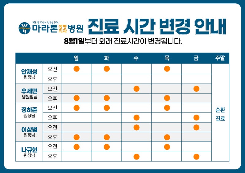 대전 마라톤 정형외과 병원 8월 1일부터 외래 진료시간이 변경됩니다.