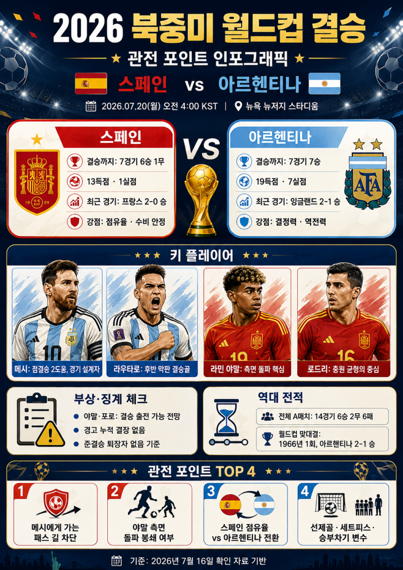 2026 북중미 월드컵 결승 스페인 vs 아르헨티나｜메시·야말부터 부상·경고·전술까지
