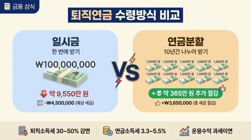 퇴직연금 수령방식 비교, 1억 원 기준 일시금과 분할 수령의 실수령액 계산법