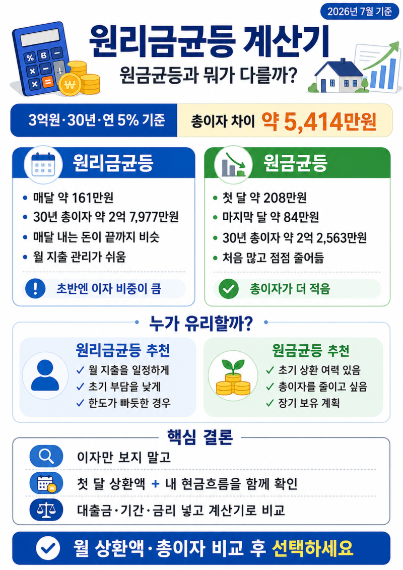 원리금균등 계산기 — 원금균등과 뭐가 다르고, 내 대출은 뭐가 유리할까